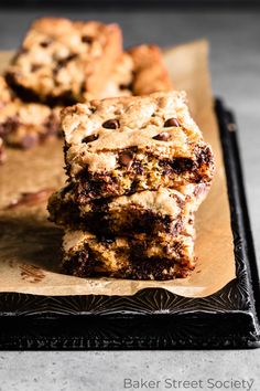 chocolate chip cookie bars stacked on top of each other