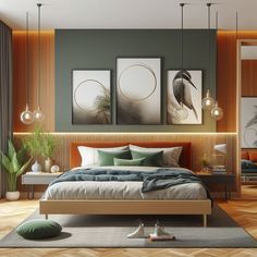 a modern bedroom with wood paneling and green accented walls, along with artwork on the wall