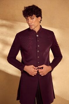 Maroon sherwani with sequin and bead embellished floral geometric motifs. Comes with pant. - Aza Fashions Fitted Nehru Jacket With Mirror Work For Festive Season, Embellished Bandhgala For Eid, Festive Fitted Nehru Jacket With Mirror Work, Fitted Long Sleeve Nehru Jacket With Mirror Work, Designer Embellished Sherwani For Diwali, Embellished Sherwani For Diwali, Fitted Embellished Kurta For Festive Occasions, Traditional Embellished Bandhgala For Eid, Eid Embellished Long Sleeve Bandhgala