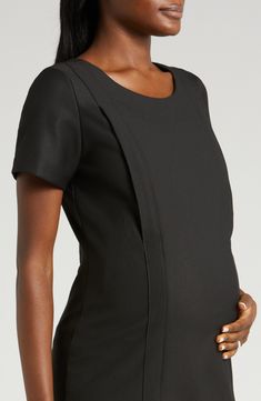 This maternity dress is a remix of a classic A-line design, featuring a sheath silhouette and stretch built for every phase ofpregnancy. Hidden zips under princess seam allow for discreet breastfeeding access. 38 1/2" length Jewel neck Back zip closure Short sleeves 38% recycled polyester, 36% polyester, 21% viscose, 5% elastane Hand wash, dry flat Imported Maternity Dress Accessories, Nursing Dress Breastfeeding, Nursing Sweater, Nursing Friendly Dress, Aesthetic Galaxy, Breastfeeding Clothes, Maternity Nursing Dress, Nursing Mother, Dress Design Sketches