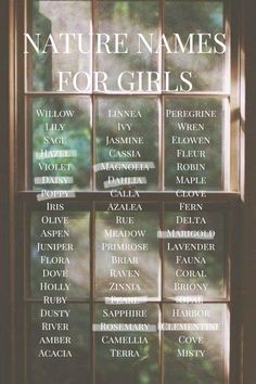 a poster with words written on it in front of a window that says, nature names for girls