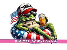 a frog sitting on top of an american flag holding a beer