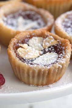 several desserts on a plate with raspberries and powdered sugar