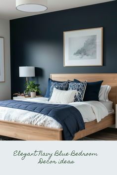 a bedroom with blue walls and white bedding