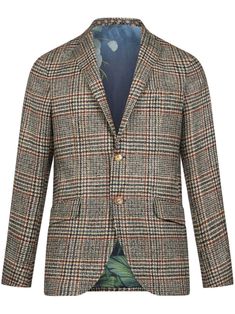 brown wool tartan check pattern notched lapels long sleeves split cuffs front button fastening two side flap pockets straight hem floral-print lining Tiger In The Jungle, Blue Suit Men, Check Blazer, Brown Trousers, Autumn Colours, Tuxedo Suit, Checked Blazer, Single Breasted Jacket, Fitted Blazer