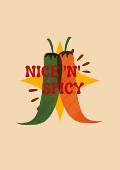 two chilis with the words nice n'spicy written in red, green and yellow