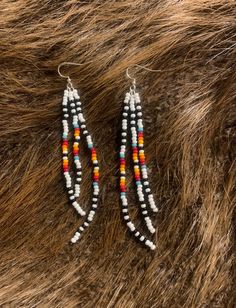 Hand Beaded Western Dangle Drop Earrings Southwestern Beaded Drop Earrings For Pierced Ears, Southwestern Beaded Dangle Earrings, Southwestern Style Beaded Dangle Earrings, Southwestern Style Beaded Drop Earrings, Southwestern Style Earrings With Dangling Round Beads, Black Beaded Dangle Earrings, Patriotic Earrings, Western Earrings, Native American Beadwork