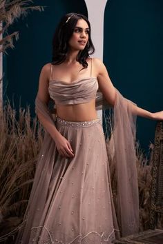 Shop for Silky Bindra Brown Crepe Embroidered Lehenga Set for Women Online at Aza Fashions One Shoulder Blouse Lehenga, Brown Lehenga, Cowl Blouse, Indian Fits, Cutdana Embroidery, Sheer Dupatta, Fancy Lehenga, Noodle Strap, Henna Drawings