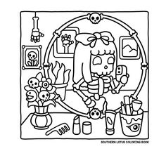 a black and white drawing of a girl in the kitchen