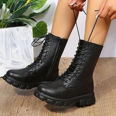 Category:Boots; Upper Materials:PU; Season:Winter; Heel Type:Chunky Heel,Platform; Gender:Women's; Toe Shape:Round Toe; Type:Booties Ankle Boots; Style:Punk,Comfort,Gothic,Fashion,Industrial Style; Heel Height(inch):2-3; Outsole Materials:Rubber; Occasion:Party,Daily,Outdoor; Closure Type:Lace-up; Pattern:Solid Color; Listing Date:09/24/2023; 2024 Trends:Combat Boots,Plus Size,Height Increasing Shoes,Lace Up Boots,Platform Boots Chunky Platform Lace-up Combat Boots In Faux Leather, Black Lace-up Boots With Chunky Platform And Round Toe, Gothic Lace-up Boots With Chunky Platform And Round Toe, Gothic Black Lace-up Boots With Chunky Platform, Black Combat Boots With Platform, Medium Width, Winter Ankle Boots, Platform Heels Chunky, Platform Boots, Punk Fashion