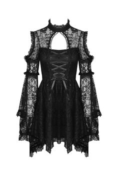 Pull off a sexy gothic look with this black lace dress with long bell sleeves. it is flirty and perfect for a night fun out! grab one today! Spring Gothic Lace Dress, Gothic Long Sleeve Lace Dress, Spring Gothic Off-shoulder Dress, Spring Off-shoulder Gothic Dress, Gothic Long Sleeve Lace Mini Dress, Gothic Long Sleeve Dresses With Lace Trim, Gothic Lace Mini Dress With Ruffles, Gothic Lace Mini Dress, Gothic Dress With Sheer Long Sleeves