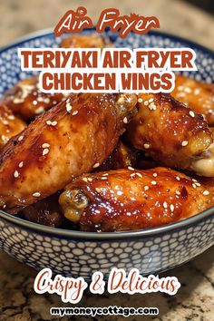 there is an advertisement for teriya air fryer chicken wings in a bowl on the counter