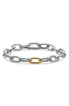 This chunky chain bracelet features alternating twisted and smooth sterling silver links with an 18-karat gold center link adding a touch of polished contrast. Push-clasp closure Sterling silver/18k gold Imported Yurman Bracelet, David Yurman Bracelet, 18k Gold Bracelet, Women's Bracelets, Bead Bangles, Silver Chain Bracelet, Mens Beaded Bracelets, Yellow Gold Bracelet, Chains For Men