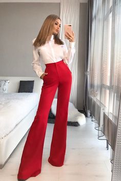 Fabric: high quality suiting fabric Available sizes: XS, S, M, L Color: Black, Red, White, Bordeaux, Beige, Mocco High waist Flared Inner seam length: 95cm/ 37.5 in Red Trousers Outfit, Red Pants Outfit, Red And White Outfits, Red Trousers, Diy Vetement, Classy Work Outfits, Graduation Outfit, Red Pants, Red Outfit