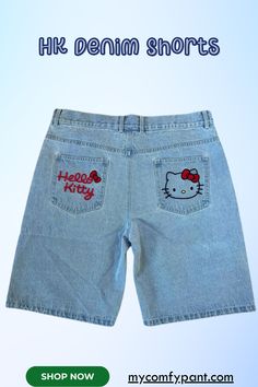 HK Denim Shorts Cute Denim Blue Cotton Shorts, 90s Style Denim Blue Cotton Shorts, Cute Cotton Jean Shorts, Cute Jean Shorts With Pockets, Cute Denim Blue Denim Shorts, Casual Cotton Bottoms With Hello Kitty Print, Cute Denim Blue Shorts, Cute Cartoon Print Shorts, Cute Denim Jean Shorts