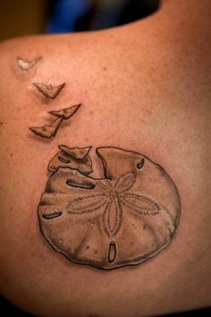 a sand dollar tattoo on the back of a woman's shoulder