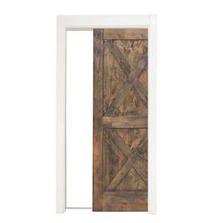 an open wooden door with white frame and wood planks on the outside, against a white background