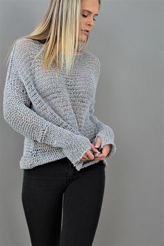 Oversized  Slouchy  Cotton/Linen sweater. Relaxed fit , dropped shoulders.Casual top for every day wearing.  Perfect for layering. Made of 71% Cotton 29 % Linen.The color is light grey . For other colors  in cream, beige,charcoal grey, black , sky blue and yellow  please check  herehttps://www.etsy.com/ca/shop/RoseUniqueStyle?ref=listing-shop-header-item-count&section_id=14258315There are thumb holes for easy wearing. Please let me know at checkout if you dont want them.My size chart :Size S Trendy Gray Chunky Knit Sweater, Gray Open Knit Sweater, Oversized Gray Knitted Sweater, Trendy Knitted Gray Sweater, Gray Open Knit Sweater For Layering, Trendy Open Knit Sweater For Layering, Trendy Soft Knit Gray Sweater, Trendy Gray Knitted Sweater, Trendy Gray Soft Knit Sweater