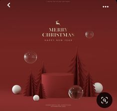 a red christmas card with bubbles and trees