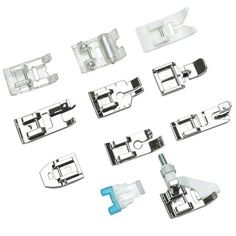 six pairs of sewing machine foot attachments on a white background with clipping tools