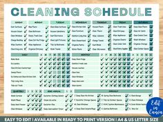 the printable cleaning schedule is displayed on a wooden surface with text that reads easy to edit