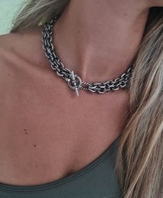 ▪  A beautiful necklace made of two layers of a cable chain Connected to a toggle clasp, made of OXIDE brass plated silver, The necklace Is full of presence and suitable For evening events and also for every day.     ▪  Chain length: 15" (38cm) up to 19.8" (50cm)  The measure refers to the chain when it is double.    (If you are interested in a different size you can send me a message).     Width toggle: 0.98" (2.5cm)      Width double chain:  0.59"(1.2cm)     Thick chain: 0.12"  (3mm) ▪  Silver Toggle Clasp Necklace, 2 Necklace, Double Layer Necklace, Necklace Layered, Stacked Necklaces, Clasp Necklace, Double Chain, Necklace Statement, Chunky Necklace