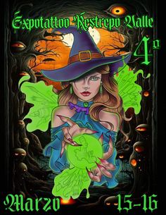 an image of a woman in a witches hat holding a green leaf and pumpkins