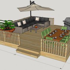 an outdoor deck with table and chairs next to an open fire place, umbrella over the grill