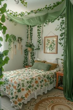 a bedroom decorated in green and white with ivy growing on the wall above the bed