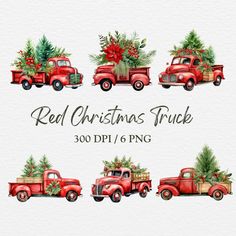 red christmas trucks with trees and presents on the back, watercolor painting style illustration