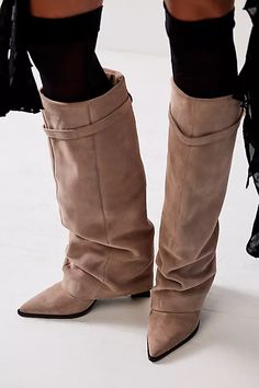 Felicity Foldover Boots | Free People Suede Heel Boots, Tan Suede Boots Outfit, Slouchy Boots Outfit, Pink Knee High Boots, Foldover Boots, Slouchy Suede Boots, Tan Heeled Boots, Sand Boots, Free People Boots