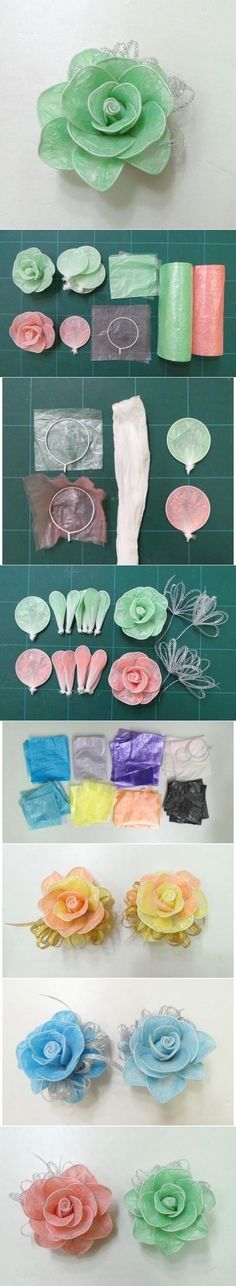 paper flowers and other crafting supplies are shown in three different pictures, one is made out of tissue paper