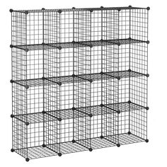 the wire shelving unit has six baskets on each side and four pegs in front of it