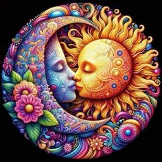 the sun and moon are painted in bright colors, with flowers on each one side