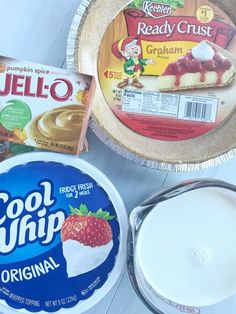 ingredients to make frozen desserts including yogurt, jelly crust and cool whip