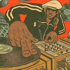 a drawing of a person playing music on a turntable