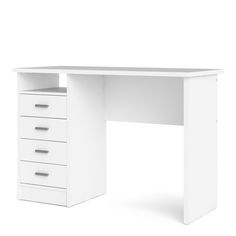 a white desk with five drawers on the bottom and one drawer at the top that is open