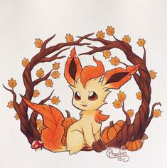 a drawing of a baby pikachu sitting in the leaves