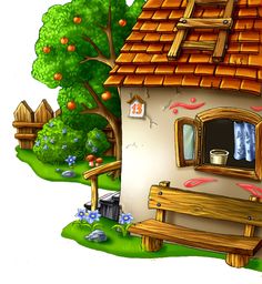 a drawing of a house with a wooden bench in front of it and a tree