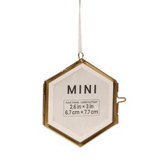 an ornament hanging from a string with the word mini in it's center