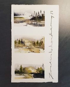 three watercolor paintings on paper with trees in the background