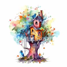 a watercolor painting of a tree house with two birds perched on it's roof