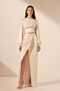 La Lune Backless Crop Blouse | Cream | Tops | Shona Joy – Shona Joy International Neutral Silk, Low Cost Wedding, White Slip Dress, Shona Joy, Cream Tops, Engagement Dresses, Dress Satin, Dress Silhouette, Crop Blouse