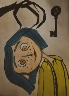 a drawing of a woman with blue hair and an eye patch on her face next to a key