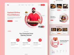 the food delivery landing page is shown in red and white, with an image of a man