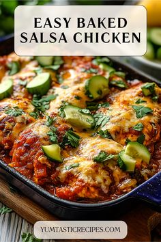 easy baked salsa chicken in a casserole dish with zucchini and cheese