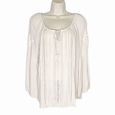 Perfect Festival Top But Great Any Time! 3/4 Bell Sleeves With Embroidery. Crinkle Fabric With Lace Strips. Scoop Neckline With Tassel Tie. New Without Tags. Measurements: Bust 22.5” Across Back 14” Sleeves 21.25 Length 26” All Reasonable Offers Considered! Automatic Discount On Bundles Of 2 Or More Items, Plus Combined Shipping. Spring Festival Beige Peasant Top, Peasant Style Embroidered Top For Beach, Bohemian Embroidered Long Sleeve Top With Lace Trim, Cream Long Sleeve Festival Blouse, Long Sleeve Bohemian Cream Blouse, Bohemian Cream Long Sleeve Blouse, Festival Long Sleeve Cream Blouse, Cream Long Sleeve Blouse For Festival, Off White Long Sleeve Bohemian Blouse