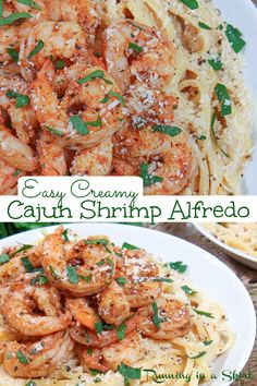 two pictures of pasta with shrimp and parmesan cheese on top, and the same photo