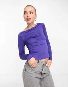 Tops by Monki Cart-worthy find Boat neck Long sleeves Regular fit Purple Long Sleeve Stretch Blouse, Purple Stretch Long Sleeve Blouse, Purple Crew Neck Top For Party, Casual Purple Party Top, Casual Purple Top For Party, Trendy Purple Long Sleeve Tops, Trendy Long Sleeve Purple Top, Purple Long Sleeve Trendy Tops, Versatile Purple Top For Spring