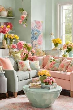 a living room filled with lots of furniture and flowers on top of the couches